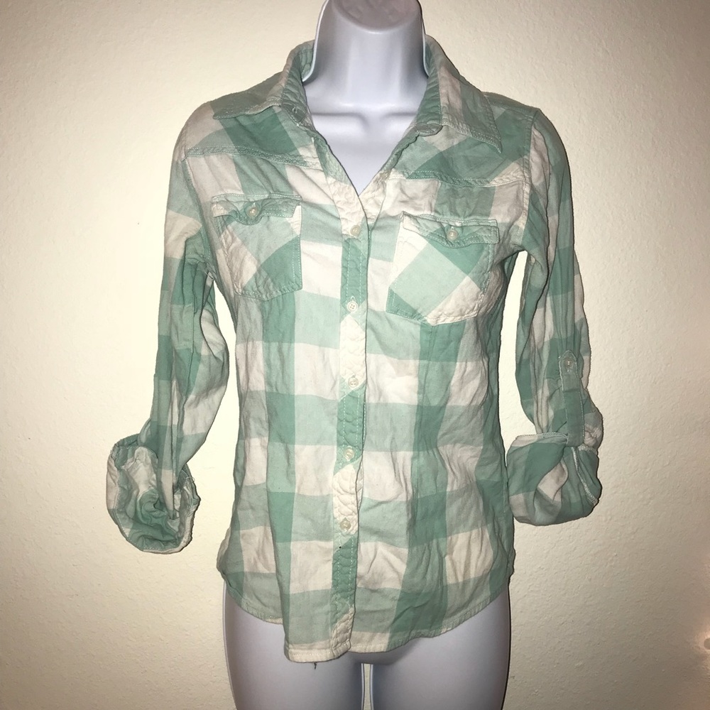 White and teal Plaid shirt